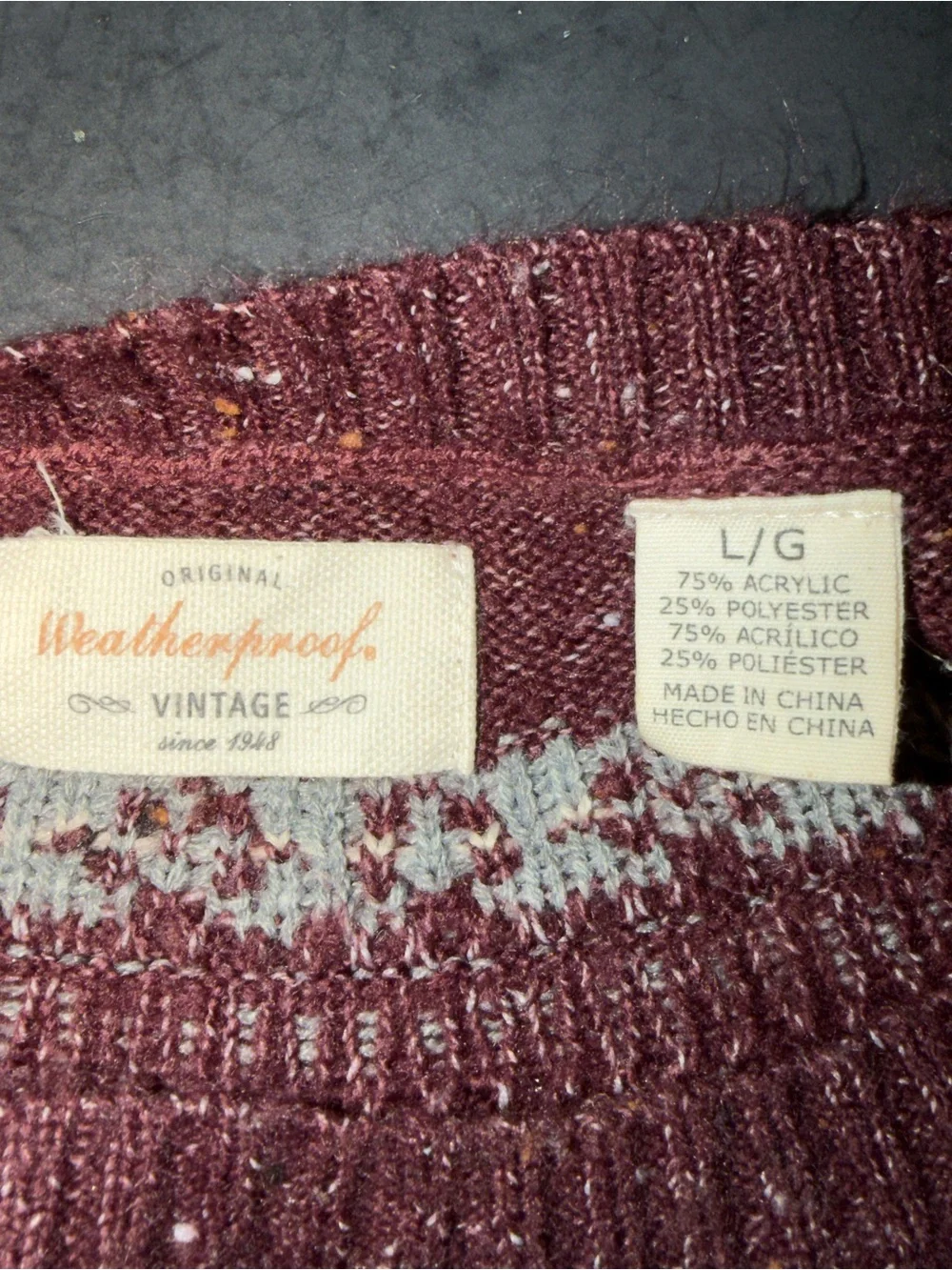 Weatherproof Vintage Men’s Fair Isle Crewneck Sweater Size L Burgundy Gray